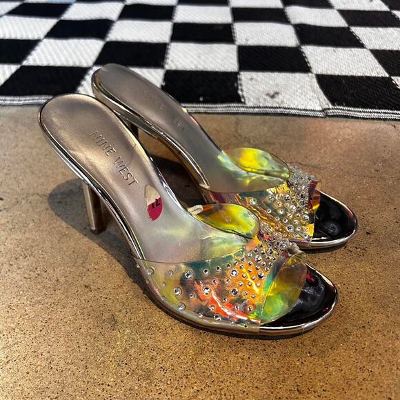 Nine West Shoes - Vintage Y2K Nine West Silver Holographic Diamond Studded Heels Size 6.5
